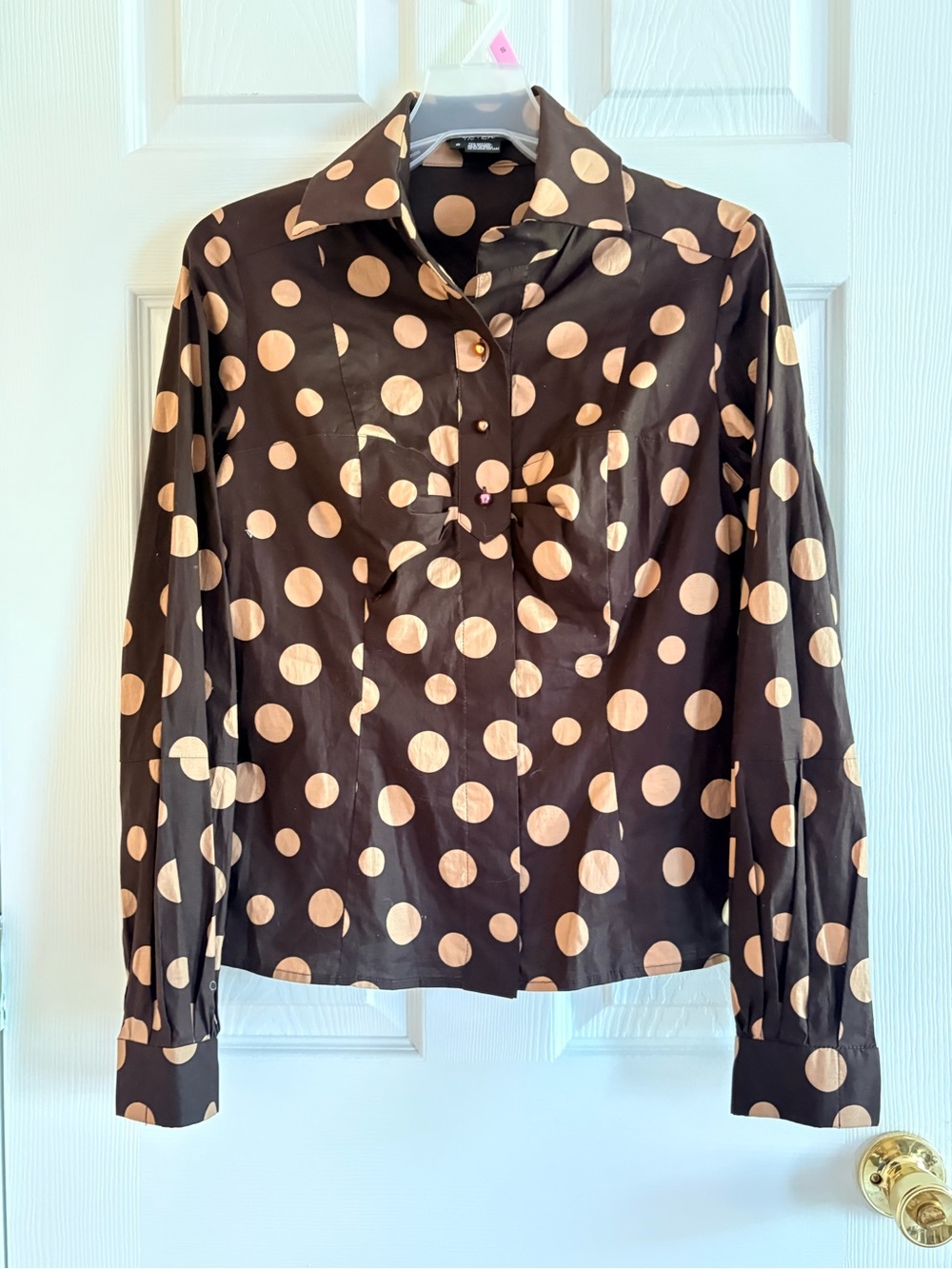 Etcetera Brown Button-Down Blouse with Tan Polka Dots
